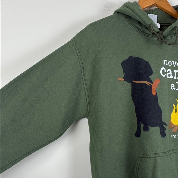Dog is Good Hoodie Campfire Graphic Green Womens Medium Camping Never Camp Alone - Picture 3 of 7